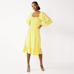 DRAPER JAMES Women's Size Medium Yellow Floral Smocked Long Sleeve Midi Dress M